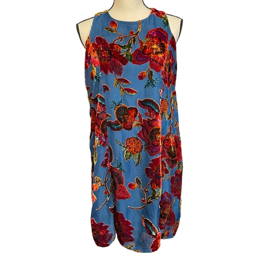 Xhiliaration Blue Floral Burnout Victorian Romantic Summer Mini Shift Dress M
